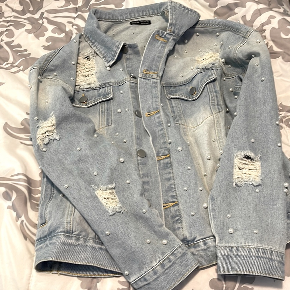 SHEIN pearl-studded denim jacket (Size L)